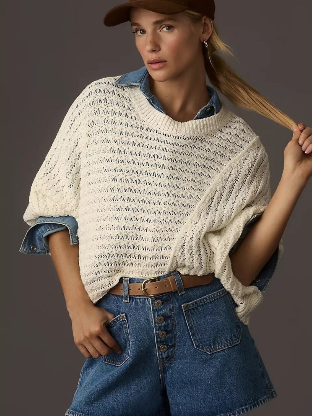**Navy Blue** Pilcro Distressed Asymmetric Open-Stitch Sweater